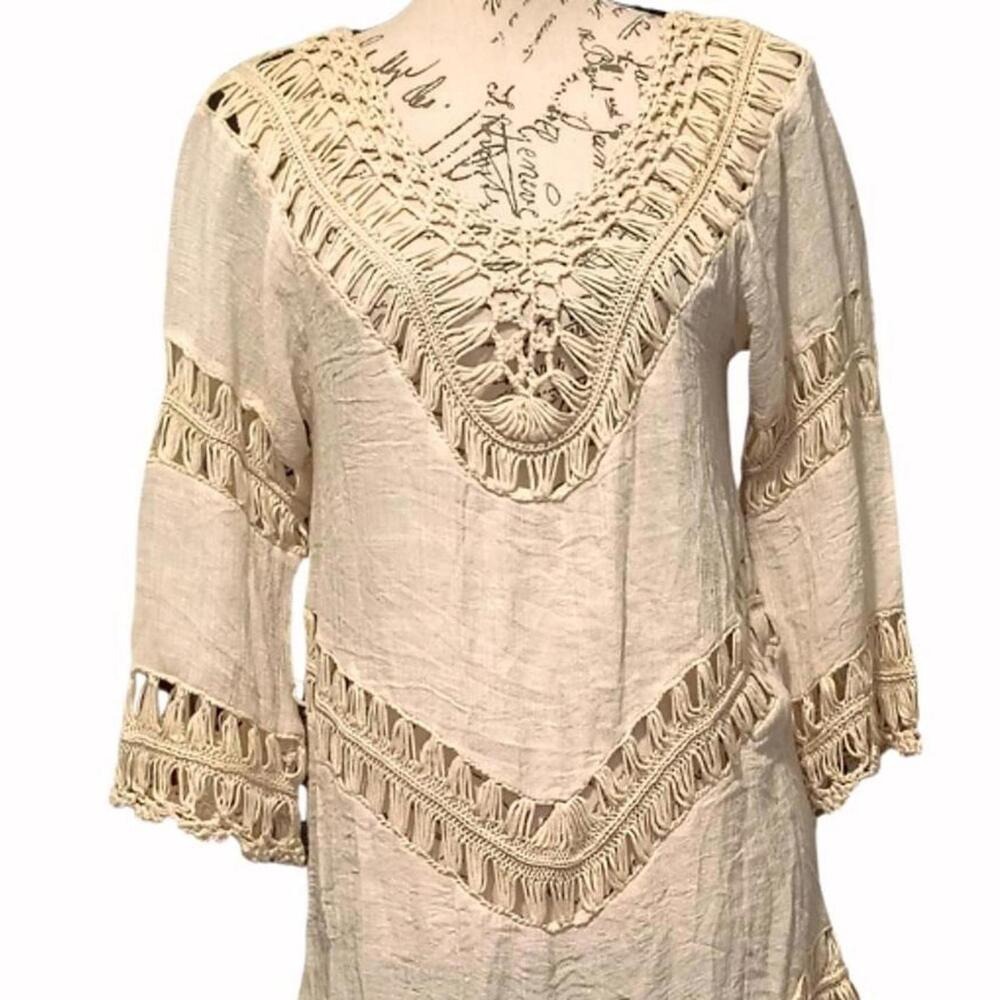 Boho Crochet Womens Tunic Top Swim Suit Cover Medium Asymmetrical 70s Coastal - Picture 6 of 6